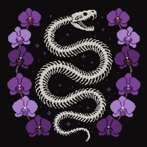 May include: A cross-stitch design featuring a white snake skeleton with an open mouth, surrounded by purple orchids on a black background. The snake is in a curved pose, and the orchids are arranged around the edges.