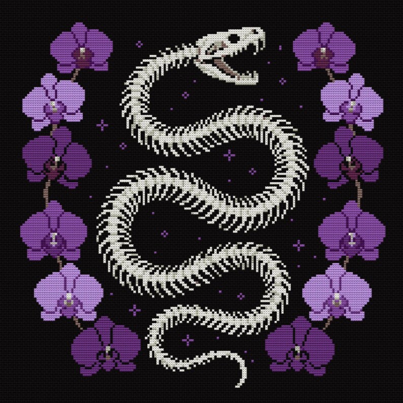 May include: A cross-stitch design featuring a white snake skeleton with an open mouth, surrounded by purple orchids on a black background. The snake is in a curved pose, and the orchids are arranged around the edges.