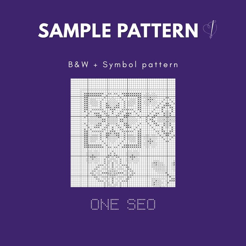 May include: A cross-stitch pattern design on a purple background. The design is a black and white geometric pattern with the text "SAMPLE PATTERN" at the top and "B&W + Symbol pattern" below it. The text "ONE SEO" is at the bottom.