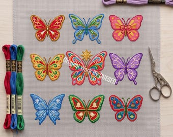 Weihnachtsschmetterlinge Kreuzstichmuster, 9 Mini-Schmetterlinge, festliches Weihnachtsmuster, Schneeflocken-Glöckchen-Ornamente, Volkskunst, Zählvorlage für Kreuzstich (PDF)