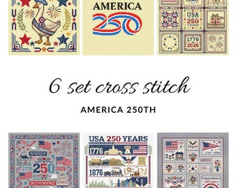 America 250 Cross Stitch Pattern Bundle - 6 Set USA 250th Anniversary Chart - 1776-2026 Patriotic Folk Art Sampler PDF