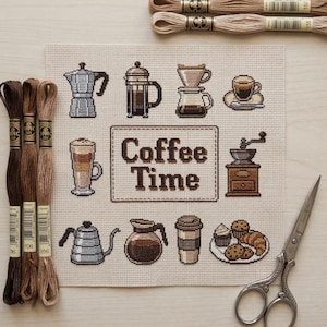 Kaffee Kreuzstich, Barista Sampler Muster, Küchen Dekor PDF, Kaffeeliebhaber Stickerei, Moka Kanne Kunst, Cafe Wanddekoration, digitaler Download
