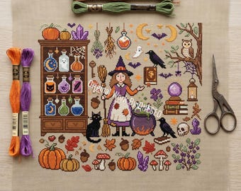 Halloween Witch Potion Cabinet Cross Stitch Pattern, Spooky Magic Crystal Ball Cat Cauldron Owl Folk Art Sampler, Counted Stitch Chart PDF