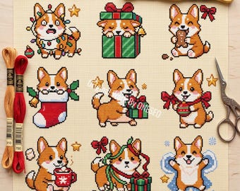 Weihnachtscorgis-Kreuzstichmuster, 9 kleine, freche Weihnachtshunde, Lichter, Strumpf, Schnee, Bilderbuch, Zählmuster-Kreuzstich (PDF)