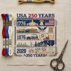 Modèle de point de croix sur l'histoire du cinquantième anniversaire des États-Unis | 250 ans aux États-Unis | De l'indépendance de 1776 à l'ère moderne | Carte patriotique PDF