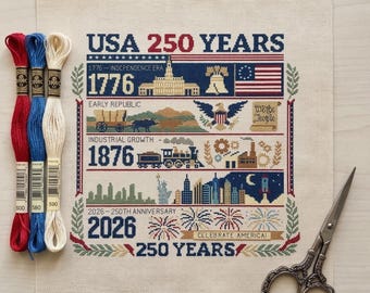 American Semiquincentennial History Cross Stitch Pattern | 250 Years of USA | 1776 Independence to Modern Era | Patriotic Chart PDF