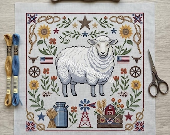 Primitieve volkskunst patriottische schapen kruissteekpatroon, Americana schuur zonnebloem Sampler, getelde steekkaart Craft Design PDF
