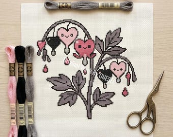 Creepy Cute Bleeding Heart Cross Stitch Pattern, Kawaii Pastel Goth Flower Botanical Counted Chart, Gothic Pink Black Plant Design PDF