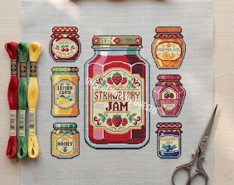 Vintage Jam Jar Collection sampler Cross Stitch Pattern, Kitchen Food Decor, Modern Easy Embroidery , Instant Download PDF