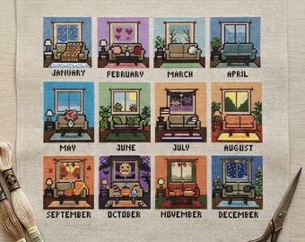 12 Months Cozy Home Cross Stitch Pattern - Seasonal Living Room Monthly Calendar Sampler PDF, Couch Window 4 Seasons Year Long Stitch A Long