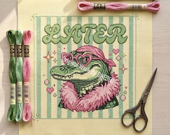 Later Gator kruissteekpatroon, grappige retro alligator hart zonnebril pastel dierenportret, modern decor getelde steekkaart pdf