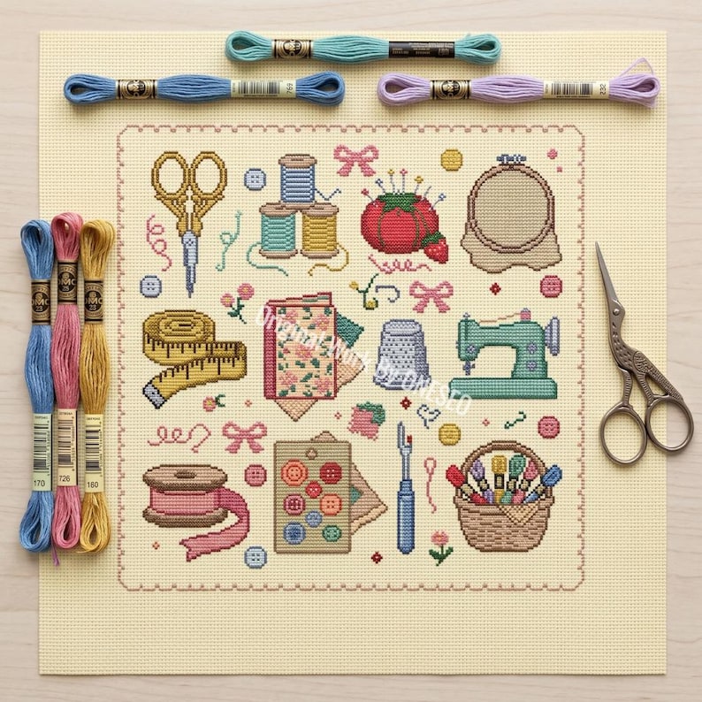 May include: A cross-stitch pattern on cream fabric featuring sewing motifs including scissors, spools of thread, a pincushion, a sewing machine, a measuring tape, buttons, and a basket. Six skeins of embroidery floss are arranged around the fabric.