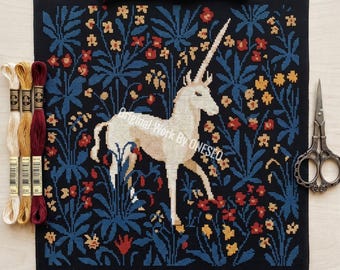 The Last Unicorn Medieval Cross Stitch Pattern, Millefleurs Tapestry, Gothic Floral Art, Dark Academia Decor, Historic Embroidery PDF