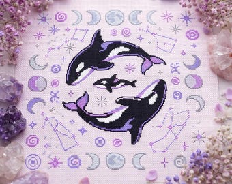 Celestial Orcas Cross Stitch Pattern | Moon Phases & Stars | Killer Whale Family PDF | Lavender Galaxy Embroidery | Witchy Home Decor