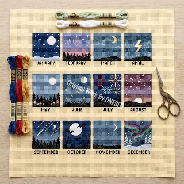 Monthly Cross Stitch Pattern - 12 Months Night Sky Calendar Sampler PDF - Celestial Moon Stars Aurora Landscape Silhouette Year Long Chart