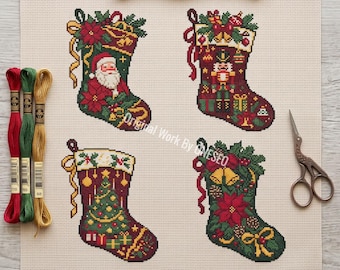 Weihnachtsstrümpfe-Stickmuster (4 Mini-Strümpfe), festliche Weihnachtsdekoration, Weihnachtsmann, Nussknacker, Weihnachtsbaum, Volkskunst, Zählmuster-PDF