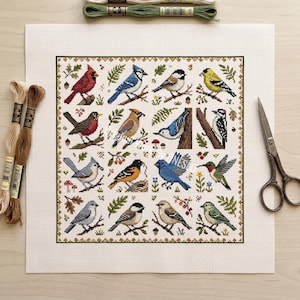 May include: A square cross-stitch embroidery pattern on white Aida fabric featuring a grid of sixteen different North American birds, including a cardinal, blue jay, and hummingbird, surrounded by a decorative border of leaves and acorns.