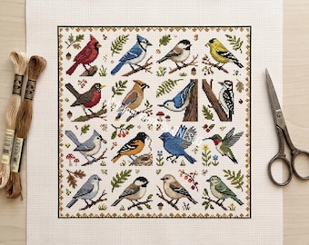 Wild Bird Collection Cross Stitch Pattern, Rustic Woodland Forest Aviary Botanical Folk Art Sampler, Counted Stitch Chart Craft Design PDF