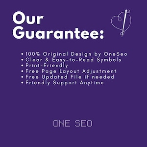 May include: A purple graphic with white text that reads "Our Guarantee:" followed by bullet points detailing design and support. The OneSeo logo is at the bottom, and a needle and thread heart graphic is in the upper right.
