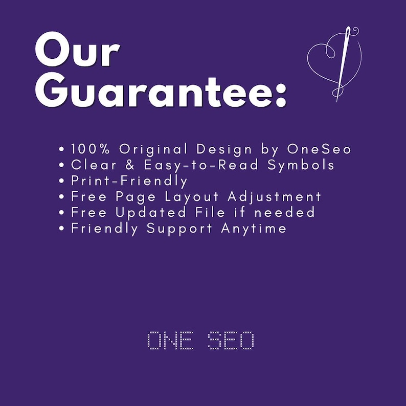 May include: A purple graphic with white text that reads "Our Guarantee:" followed by bullet points detailing design and support. The OneSeo logo is at the bottom, and a needle and thread heart graphic is in the upper right.