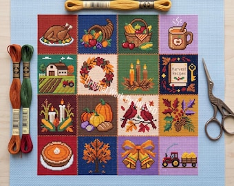 Erntedank-Kreuzstichmuster, 16 Mini-Stickereien, Herbst-Patchwork, Truthahn-Füllhorn, Volkskunst, Zählmuster-PDF