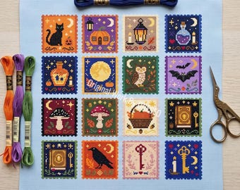 Halloween-Briefmarken-Kreuzstichmuster, 16 Mini-Muster, gruselige Herbstbriefmarken, Hexenmotiv, Zaubertrank, schwarze Katze, Zählvorlage für Kreuzstich (PDF)