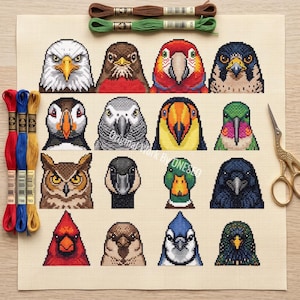 May include: A cross-stitch pattern on beige fabric featuring sixteen distinct bird portraits arranged in a grid. The set includes embroidery floss in brown, green, red, blue, and yellow, alongside gold-toned metal scissors on the side.