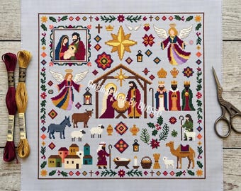 Patchwork Nativity Cross Stitch Pattern, holy night sampler, baby Jesus Mary Joseph angel star shepherd wise men camel Bethlehem,Counted PDF