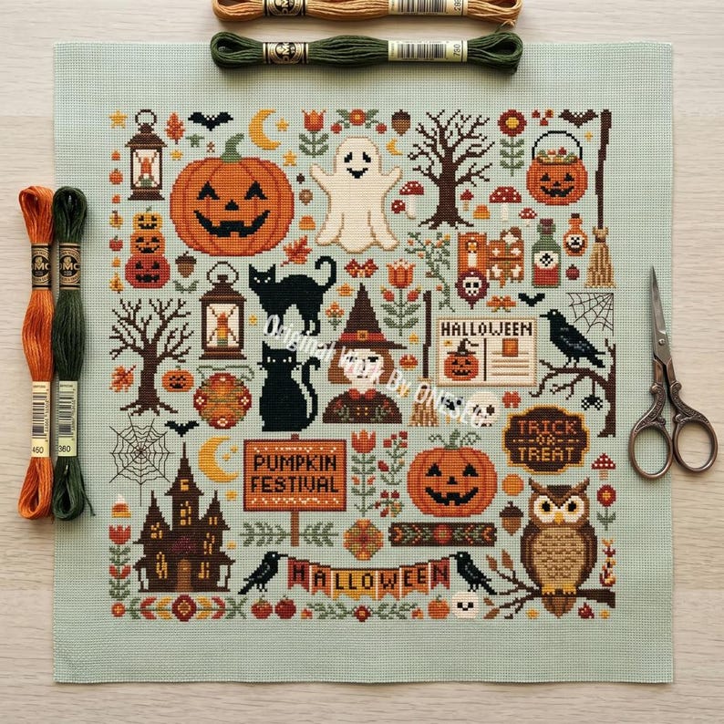 May include: A light green cross-stitch fabric featuring a Halloween sampler with pumpkins, a ghost, black cats, an owl, a haunted house, and trees. Text includes "PUMPKIN FESTIVAL", "HALLOWEEN", and "TRICK OR TREAT". Two embroidery floss skeins and scissors.