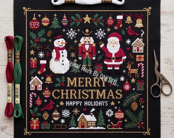 Retro Christmas Cross Stitch Pattern, happy holiday sampler, classic nutcracker santa snowman reindeer cardinal house bell bauble, PDF