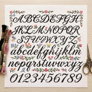 Può includere: Un tessuto bianco a punto croce con lettere dell'alfabeto maiuscole e minuscole ricamate in nero e numeri da zero a nove. Il disegno è decorato con piccoli motivi floreali colorati realizzati con fili rosa, gialli, blu e verdi.
