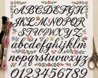 Kreuzstichmuster mit floralem, kursivem Alphabet, elegante Typografie-Buchstaben und -Zahlen, Frühlingsblumenmuster, Zählmuster-PDF