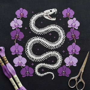 Snake Skeleton Witchy Cross Stitch Pattern, Gothic Medieval Purple Orchid, Dark Serpent Bones Embroidery File PDF