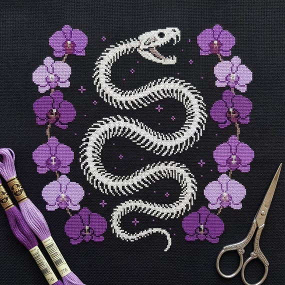 Snake Skeleton Witchy Cross Stitch Pattern, Gothic Medieval Purple Orchid, Dark Serpent Bones Embroidery File PDF
