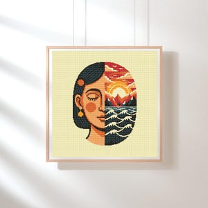 Surrealistisk vintage folkkonst korsstygnsmönster - abstrakt kvinna ansikte natur landskap - sol berg havsvågor diagram