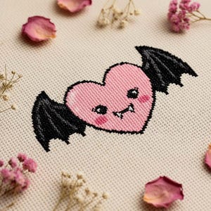 May include: Cross-stitch design of a pink heart with black bat wings, a cute face, and small fangs. The design is on a cream-colored fabric, with pink rose petals and small pink flowers scattered around the edges.