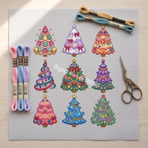 Pastel Christmas Trees Cross Stitch Pattern, 9 mini panels, sweet holiday sampler, macaron ornaments, colorful fir, Counted Cross Stitch PDF