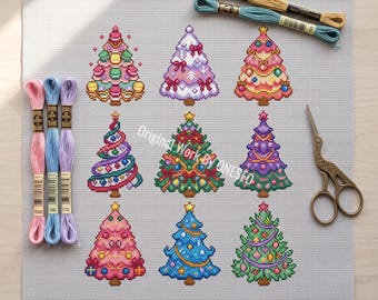 Kreuzstichmuster „Pastellfarbene Weihnachtsbäume“, 9 Mini-Paneele, hübsches Weihnachtsmotiv, Macaron-Ornamente, bunte Tanne, Zählvorlage (PDF)