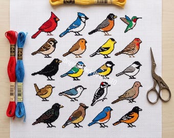 Colorful Bird Cross Stitch Pattern, backyard nature sampler, woodland cardinal blue jay robin oriole goldfinch woodpecker chickadee, PDF
