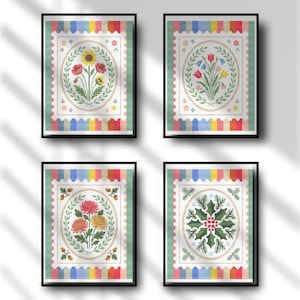 Patrón de punto de cruz floral en PDF - Gráfico de sellos postales de las 4 estaciones - Conjunto de flores silvestres botánicas - Descarga instantánea imagen 1