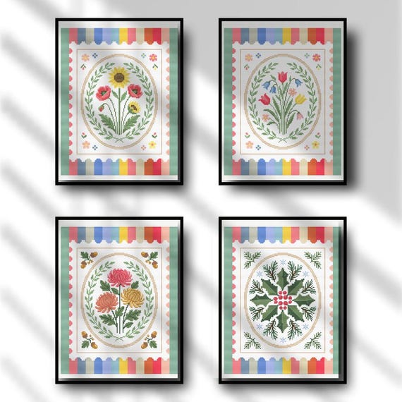 Seasonal Flowers Bundle Floral Cross Stitch Pattern PDF - 4 Seasons Postage Stamp Chart - Botanical Wildflower Set Instant Download