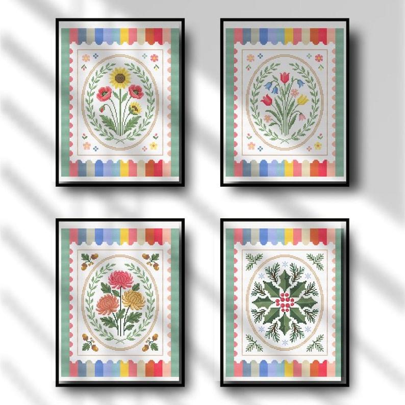 Patrón de punto de cruz floral en PDF - Gráfico de sellos postales de las 4 estaciones - Conjunto de flores silvestres botánicas - Descarga instantánea imagen 1