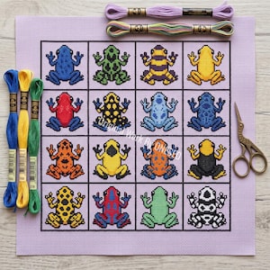 May include: A cross-stitch pattern on light purple fabric featuring a grid of sixteen colorful frogs in various patterns and colors. Included are six skeins of embroidery floss in blue, yellow, green, purple, and variegated colors, and metal scissors.