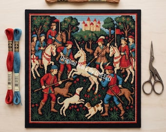 Medieval Cross Stitch Pattern, The Hunt of the Unicorn, Gothic Tapestry Art, Historical Knights Chart, Vintage Embroidery PDF