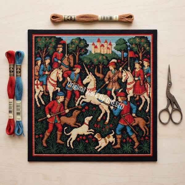 Medieval Cross Stitch Pattern, The Hunt of the Unicorn, Gothic Tapestry Art, Historical Knights Chart, Vintage Embroidery PDF