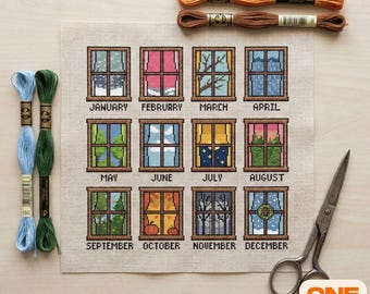 12 Months Window Cross Stitch Pattern | A Year of Seasons Calendar Sampler | Monthly Landscape Chart PDF | Stitch A Long | Four Season