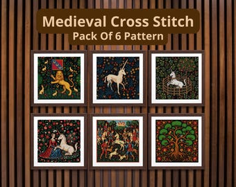 Medieval Cross Stitch Bundle, 7 Pattern Pack, Hunt the Unicorn, Millefleurs Tapestry, Dark Academia Embroidery, Gothic PDF