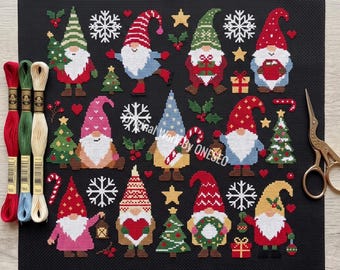 Christmas Gnome Cross Stitch Pattern, winter holiday sampler, nordic tomte nisse tree snowflake star gift wreath candy cane, Counted PDF