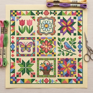 Spring Patchwork Quilt Cross Stitch Pattern - Floral Block Sampler  - Butterfly Bird Tulip Basket - Colorful Springtime Chart PDF
