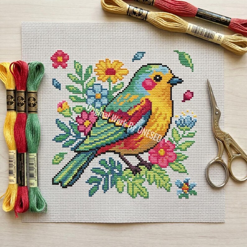 Summer Songbird Bright Floral Cross Stitch Pattern - Colorful Yellow Bird Blooming Branch Home Decor - Cute Nature Botanical Chart PDF image 10